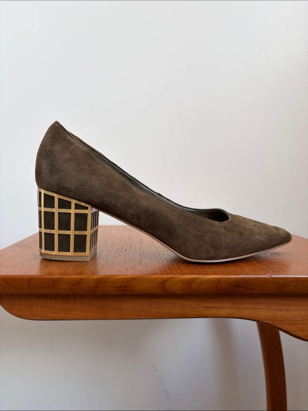 Brian Atwood Olive Suede Pump with Geometric Gold Block Heel